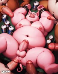 ai_generated anthro balls belly bondage domestic_pig frat_boy fraternity gangbang high-angle_view male male/male male_only moobs multiple_boys multiple_penises obese obese_male overweight overweight_male penis pig pink_body thick_penis veiny_penis vexxos