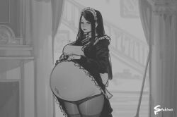 1girls background big_belly big_breasts bloated_belly female female_only lifting_skirt long_hair maid monochrome navel outie_navel pregnant sketch spellsx stockings thick_thighs