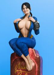 1girls 3d barefoot batesz black_hair breasts cleavage clothing computer cute_feet electronics fallout fallout_(tv_series) female female_only high_resolution human large_breasts looking_at_viewer lucy_maclean open_clothes pale_skin pip-boy solo very_high_resolution wristwear