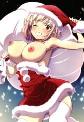 armpits blonde_hair blush boobs breasts breasts_out christmas female grin hat highres izumi_mahiru large_breasts looking_at_viewer lycoris_recoil nipples nishikigi_chisato no_bra non-web_source orange_eyes sack santa_costume santa_hat short_hair simple_background smile solo thighhighs tits white_thighhighs