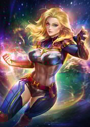 1girls abs absurd_res aura bare_thighs belt blue_eyes bodysuit bra breasts captain_marvel carol_danvers eye_contact female female_only fingerless_gloves glowing hi_res large_breasts lingerie long_hair looking_at_viewer marvel marvel_comics muscular muscular_female navel neoartcore panties pants patreon pose see-through skin_tight solo space superheroine text thick_thighs thigh_gap veins veiny_breasts watermark wide_hips