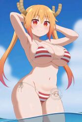 1girls ai_generated armpits arms_behind_head arms_up_pose background beach bikini blonde_hair blonde_hair_female blushing blushing_at_viewer blushing_female closed_mouth clouds cute_face cute_girl dragon_maid eyes_open fat_ass fat_breasts fat_butt female_only girl_only hands_behind_head horns huge_ass huge_breasts huge_butt kobayashi-san_chi_no_maidragon looking_at_viewer mouth_closed ocean on_water only_female only_girl open_eyes red_eyes red_eyes_female remastered sexy_armpits simple_background smile smiley_face smiling smiling_at_viewer solo solo_female solo_focus striped_bikini thick_legs thick_thighs thighs tied_hair tohru_(dragon_maid) twintails upscaled water watermark yellow_hair yellow_hair_female