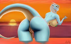 absurd_res anthro anus ass ass_up breasts claws detailed_background dragon drugs female focus hi_res looking_at_viewer marijuana nipples non-mammal_breasts nude presenting presenting_hindquarters presenting_pussy pussy raised_tail reptile rogosky scalie sea sky smile solo sun sunset thick_thighs water wide_hips