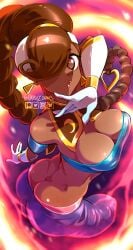 1girls abstract_background ass ass_cleavage bandeau belly_dancer belly_dancer_outfit braid breasts brown_eyes brown_hair capcom cleavage dark-skinned_female earrings gloves hair_over_one_eye harem_outfit haysey_draws long_hair power_stone rouge_(power_stone)