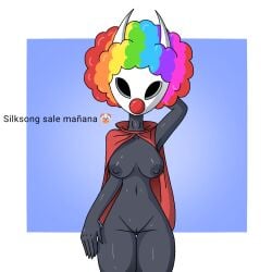 abstract_background alone black_body clown clown_girl female geometric_background hollow_knight hornet_(hollow_knight) meme naked red_clothing simple_background