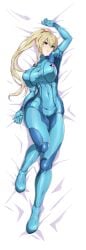 1girls 5_fingers bed blonde_hair blue_bodysuit bodysuit breasts cameltoe dakimakura_design female female_focus female_only hair huge_ass human human_only laying_on_back laying_on_bed metroid nandz navel_line png samus_aran skin_tight solo thick_thighs zero_suit zero_suit_samus