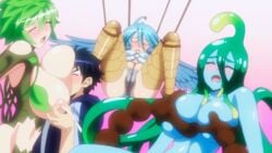 1boy 3girls animated blue_hair blushing bondage breast_sucking breasts harpy kii_(monster_musume) lactation milking_tentacles monster_girl monster_musume_no_iru_nichijou open_mouth papi_(monster_musume) plant_humanoid slime_girl slime_hair suu_(monster_musume) tentacle tentacle_sucking_breasts