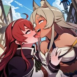 2girls ai_generated eris_greyrat female female_only french_kissing ghislaine_dedoldia kissing multiple_girls mushoku_tensei powerhouserift tongue_kiss tongue_touching_another's_tongue tongues_touching yuri