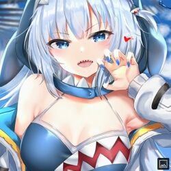 angry angry_face armpits big_breasts blue_eyes blue_nails cyicheng gawr_gura growl growling hololive hololive_english hololive_myth ocean_background shark_girl shark_teeth virtual_youtuber vtuber white_hair