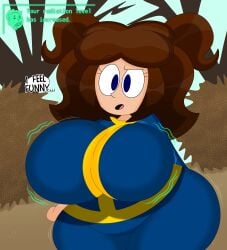 2024 3barts bethesda_softworks big_breasts breasts dialogue fallout female huge_breasts jess_(3barts) original original_character solo vault_suit wide_hips