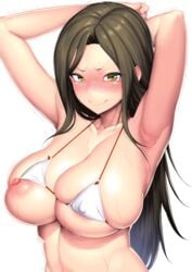 armpits arms_behind_head arms_up bikini blush breasts brown_hair embarrassed fanbox_reward female full-face_blush hakai_shin halter_top halterneck highres huge_breasts idolmaster idolmaster_cinderella_girls large_breasts long_hair looking_at_viewer micro_bikini motion_lines mukai_takumi navel nervous nervous_smile nipple_slip nipples open_mouth paid_reward simple_background skindentation smile solo strap_gap sweat swimsuit trembling upper_body v-shaped_eyebrows wardrobe_malfunction wavy_mouth white_background yellow_bikini yellow_eyes