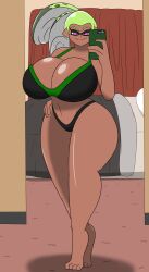 bed bedroom big_breasts bikini cellphone dark-skinned_female huge_breasts igphhangout mint_(igphhangout) mirror_selfie selfie smiling splatoon squid_girl thick_ass thick_thighs