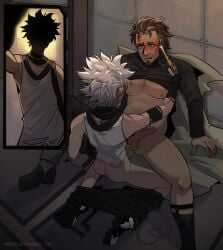 2boys ace_(zero_escape) age_difference anal beard body_hair gay gun_to_head male_only old_man santa_(zero_escape) smaller_dom_larger_sub undressing walk-in weapon yaoi zero_escape