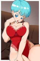 1girls big_breasts blue_eyes blue_hair breasts bulma_briefs cleavage dragon_ball ear_piercing earrings female female_only hair ktb lace lace_trim lingerie lips lipstick mature mature_female mature_woman milf mother red_lips red_lipstick ribbon short_hair solo solo_female thighs