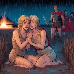 2girls 3boys afraid ai_generated ancient_history ancient_rome armored_male blonde_hair_female blue_eyes_female burning_building captured captured_girl crying_female crying_with_eyes_open dall-e3 enslaved femsub grabbing_from_behind historical historical_porn history imminent_rape kneeling kneeling_female kneeling_on_ground legionary night rain raining red_cape roman_clothing roman_empire sisters soldier spoils_of_war sword tagme tunic wheat_field white_skinned_female white_tunic