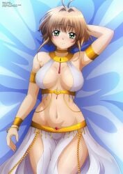 1girls armlet belly_dancer belly_overhang breasts brown_hair curvy female green_eyes harem_girl harem_outfit human large_breasts light-skinned_female light_skin loincloth looking_at_viewer medium_hair sakura_hime short_hair solo thick_thighs tsubasa_chronicle voluptuous wide_hips zel-sama