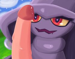 1boy 2019 absurd_res ambiguous_gender anthro disembodied_penis duo fur furry furry_only ghost heart heart-shaped_pupils hi_res humanoid_penis larger_male male male_pov mismagius nintendo no_humans open_mouth penis penis_awe pokémon_(species) pokemon pokemon_(species) pokemon_amie pokemon_dppt pov red_eyes renaspyro size_difference smile solo_focus text vein veiny_penis video_games watermark