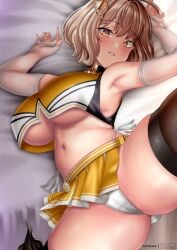 1girls anis_(nikke) breasts brown_eyes brown_hair cheerleader cheerleader_uniform female goddess_of_victory:_nikke huge_breasts light-skinned_female light_skin lying_on_back naughty_face oniilus short_hair thick_thighs