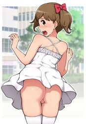 1boy ass blush bottomless brown_hair crossdressing dress femboy girly looking_at_viewer looking_back male male_only no_panties rear_view skirt_lift solo standing stockings summer_dress tears testicles thighhighs trap twintails wataya_2 white_dress wind_lift