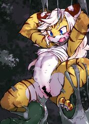 bandage blue_eyes bottomless censored clothed clothing felid female hi_res mammal mostly_nude pantherine pussy spreading tiger tokumori_kaisen