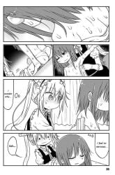 blush blush_lines brown_eyes canon_couple canonical_scene cool-kyou_shinja dragon_girl flat_chest flat_chested greyscale human interspecies kobayashi kobayashi-san_chi_no_maidragon manga manga_page manga_style miss_kobayashi's_dragon_maid nursing official_art sexually_suggestive sick tohru_(dragon_maid) wiping_sweat yuri