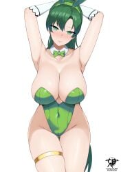 1girls arms_up big_ass big_breasts bow bowtie breasts cleavage closed_mouth curvy female female_only fire_emblem fire_emblem:_the_blazing_blade green_bow green_bowtie green_eyes green_hair green_hairband green_leotard hairband high_ponytail highleg highleg_leotard highres kaos_art large_breasts leotard lyn_(fire_emblem) lyndis_(fire_emblem) nintendo solo thighlet thighs wide_hips