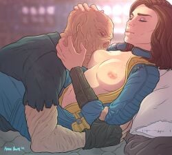 1boy 1girls aprax_valith breast_sucking breastfeeding breasts breasts_out dominant_female dommy_mommy fallout fallout_(series) fallout_4 female femdom freckles freckles_on_breasts ghoul_(fallout) licking_breast male medium_breasts no_penetration old_art original_character pink_nipples small_nipples softcore sole_survivor_(female) sucking_nipples vault_girl wiseman_(fallout)