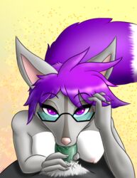 anthro breasts canid canine dreamkeepers duo emoti eyewear fellatio female first_person_view fox fur glasses green_penis grey_fur hair hal_adhil humanoid_penis looking_at_viewer male mammal miri_rodgers nude oral penis purple_eyes purple_hair sex simple_background straight