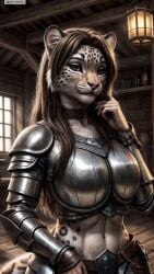 ai_generated animal_ears anthro armor artist_name boobplate breastplate breasts brown_hair female female_anthro furry furry_female hi_res high_resolution highres indoors large_breasts long_hair looking_at_viewer navel photorealistic realistic shoulder_armor smile solo stable_diffusion tail twitter twitter_username watermark yiffyjiffy2 yiffyjiffy69