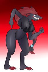 5_fingers absurd_res anthro black_fur blue_eyes breasts canid canine female fox fur hi_res mammal nintendo nipples pokémon_(species) pokemon pokemon_(species) pokemorph pussy rorrek simple_background solo video_games zoroark