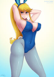 arms_behind_head big_breasts breasts bunny_ears bunny_tail bunnysuit cleavage clothed eyebrows_visible_through_hair headband large_breasts leggings looking_to_the_side metroid nintendo nipple_bulge ponytail samus_aran sidelocks zelc-face