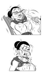 2d after_fellatio after_oral after_sex canon_couple chichi chichi_(majin_buu_saga) coughing coughing_cum dragon_ball female fully_clothed funsexydragonball husband_and_wife oral son_goku uncolored