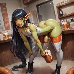 ai_generated big_ass black_hair cum_drinking cum_in_glass erection femboy femboy_hooters flat_chest gay goblin happy hooters long_hair nikita(goblin) original_character thick_thighs thighhighs trap uncircumcised wide_hips