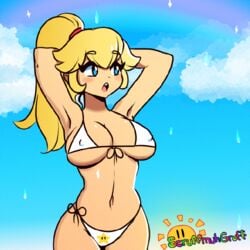 1girls animated artist_name big_breasts bikini blonde_hair breasts cleavage cloud day erect_nipples female female_only gif large_breasts mario_(series) nintendo nipples ponytail princess_peach rain rainbow scruffmuhgruff sky super_mario_sunshine