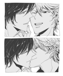 004s_4 2boys bad_tag close-up genshin_impact greyscale hand_on_another's_chin kissing monochrome multiple_boys tartaglia_(genshin_impact) white_background yaoi zhongli_(genshin_impact)