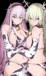 breasts ceres_fauna cleavage cowkini embarrassed green_hair hololive hololive_english hololive_english_-council- hololive_english_-promise- hololive_myth long_hair mori_calliope pink_hair sakiya virtual_youtuber