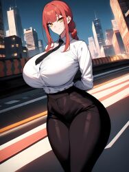 1girls ai_generated arms_behind_back big_breasts black_pants braid breasts chainsaw_man city city_background clothed clothed_female clothing dressed eyebrows eyelashes female female_only grin huge_breasts legs legs_together looking_at_viewer makima_(chainsaw_man) office_lady outdoors outside pale-skinned_female pale_skin pants red_hair shirt solo solo_female standing thick_thighs thighs tight_clothing tight_fit voluptuous voluptuous_female white_shirt white_skin yellow_eyes