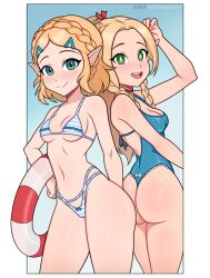 2girls :d absurd_res artist_name ass bikini blonde_hair blush braid breasts breath_of_the_wild cameltoe cleavage delicious_in_dungeon dungeon_meshi elf elf_female gradient_background green_eyes hand_on_hip hi_res highleg highleg_bikini highleg_swimsuit innertube kohe_artsy long_hair looking_at_viewer looking_back marcille_donato medium_breasts micro_bikini nintendo one-piece_swimsuit open_mouth paid_reward_available pointy_ears ponytail princess_zelda short_hair sidelocks slim small_breasts smile standing swimsuit tears_of_the_kingdom the_legend_of_zelda twintails zelda_(tears_of_the_kingdom)