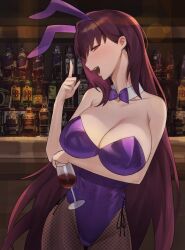 1girls alcohol bowtie bunnysuit cleavage detached_collar fate_(series) female fishnets hood_x_art leotard pantyhose scathach_(fate) tagme