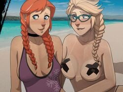 2girls anna_(frozen) blonde_hair blush breasts cleavage disney elsa_(frozen) female female_only frozen_(film) glasses nipple_bulge outdoors pasties pokies sillygirl sinner sisters tanline x_pasties