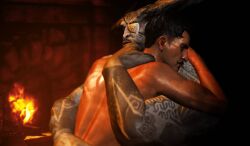 2boys 3d 3d_artwork 3d_model anthro arm_tattoo bara beauty_mark canon_couple closed_eyes couple cuddling dark-skinned_male dark_hair dark_skin dorian_pavus dragon_age dragon_age_inquisition duo embrace embracing eyepatch eyewear facial_hair fireplace gay gay_male grey_body grey_skin horn horns human iron_bull just-jasper mage male male/male male_only mole moustache pansexual_male qunari romantic romantic_couple tattoo video_games yaoi