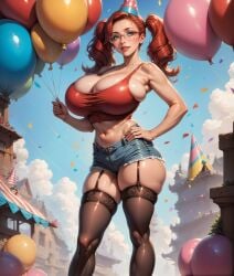 ai_generated balloons bunches denim_shorts female girl glasses horny huge_breasts outdoors party_hat red_hair stockings textme