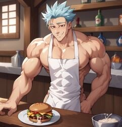 ai_generated apron apron_only ban_(nanatsu_no_taizai) bara bulge bulge_under_clothes burger cum cum_in_bowl cum_in_food cum_inside food gay kitchen male muscles muscular muscular_male naked_male nanatsu_no_taizai pov red_eyes smiling smiling_at_viewer solo solo_male vein