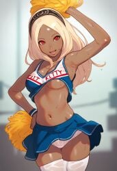 ai_generated biao-9527 blonde_hair bouncing_breasts cheerleader clothing dark_skin dressed female gravity_rush headband kat_(gravity_rush) navel panties red red_eyes skirt skirt_up softcore solo_female thighhighs