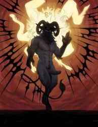 1boy 2023 abs absurd_res anthro ars_goetia balls bovid caprine caprine_demon creepy demon demonic digital_drawing_(artwork) digital_media_(artwork) erection european_mythology genitals goat goat_demon hi_res horn humanoid_genitalia literature male male_focus male_only mammal muscular muscular_anthro muscular_male mythology nipples pecs penis public_domain solo standing sun wowsibart