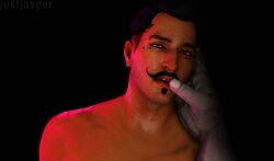 2boys 3d 3d_artwork 3d_model anthro bara dark-skinned_male dark_hair dark_skin dorian_pavus dragon_age dragon_age_inquisition duo earrings eyebrow_piercing facial_hair finger_to_mouth fingers gay gay_male grey_body grey_skin human iron_bull just-jasper looking_at_viewer mage male male/male male_only moustache moustache nose_piercing open_mouth pansexual_male piercing qunari seductive seductive_look video_games yaoi