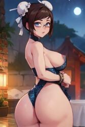 1girls ai_generated ass ass_focus big_ass big_breasts blush brown_hair chun-li_(cosplay) cosplay dress embarrased female_focus from_behind glasses hair_buns leotard lingerie looking_at_viewer looking_back mei_(overwatch) overwatch solo_female street_fighter thick_thighs thighs underwear