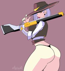 1girls 2d ashe_(overwatch) ayaiken ayaman beauty_mark black_nails black_thong blizzard_entertainment breasts cowboy_hat cowboy_shot cybernetics dat_ass earrings female female_only g-string gun hat highres holding_weapon huge_ass human lipstick looking_at_viewer mole nail_polish no_pants orange_eyes overwatch ranged_weapon red_lipstick rifle robotic_arm short_hair side_view signature simple_background solo thick_thighs thin_arms thong twitter_username vest weapon weapon_over_shoulder white_hair