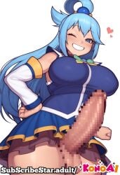 1futa ai_generated aqua_(konosuba) balls bottom_view bottomless bottomless_futa bottomwear breasts censored clothed_futa cowboy_shot futa_only futanari kono_subarashii_sekai_ni_shukufuku_wo! konoai large_breasts no_panties one_eye_closed penis penis_out smile smiling solo solo_female solo_futa testicles thick thick_ass thick_legs thick_penis thick_thighs veiny_penis