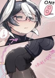 arched_back black_and_white_hair black_eyes blush female female_only fully_clothed glasses hair_between_eyes hi_res kingofbandit156 made_in_abyss mature mature_female miniskirt ozen pantyhose pencil_skirt remote_control_vibrator short_hair stealth_masturbation sweat teacher two_tone_hair vibrator vibrator_under_clothes